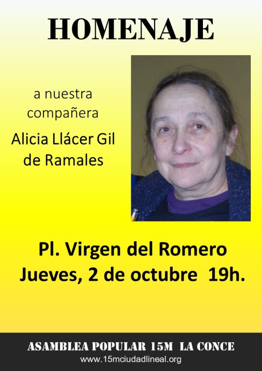Homenaje a Alicia. Jueves 2 de octubre. Plaza Virgen del Romero  19h.